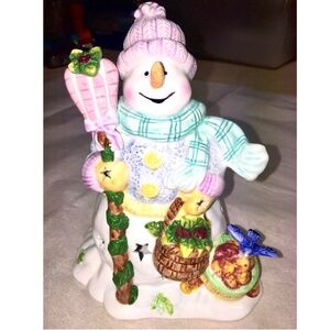 3/$20 2001 Glazed Ceramic Country Snow-Woman Votive Tealight Candle Holder 6"